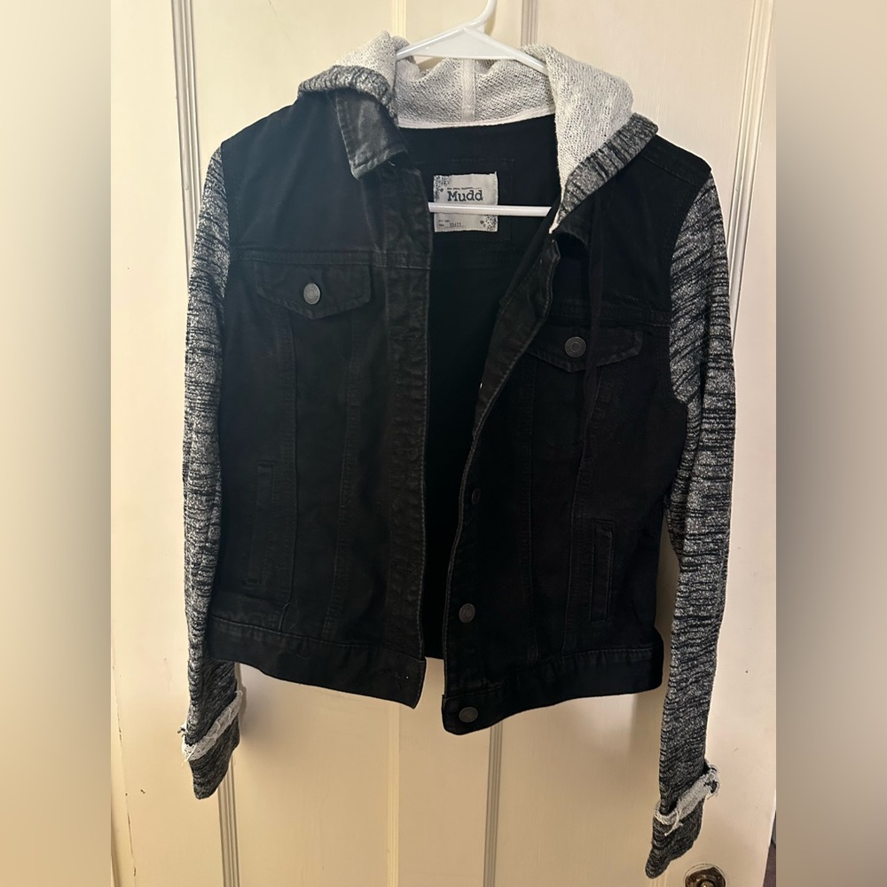 Mudd black Jean jacket with fabric sleeves and hood. Size small.